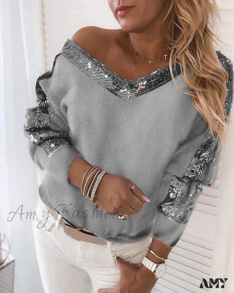 Amy Fashion - Long Sleeve V Neck Casual Club Party Knitted Sweater