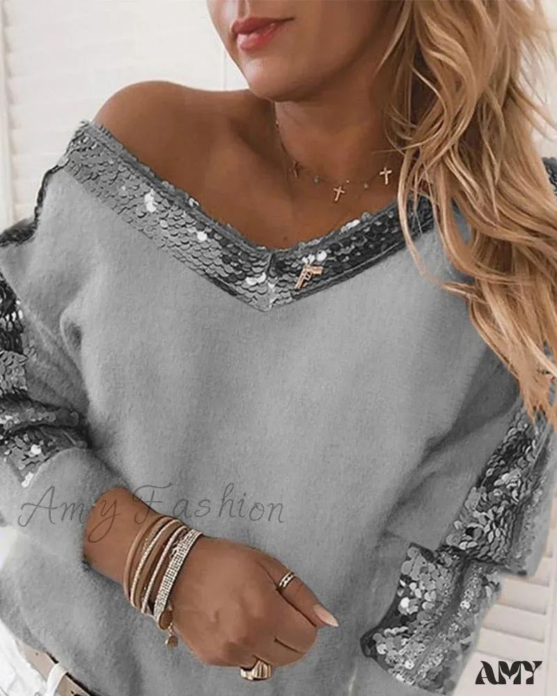 Amy Fashion - Long Sleeve V Neck Casual Club Party Knitted Sweater