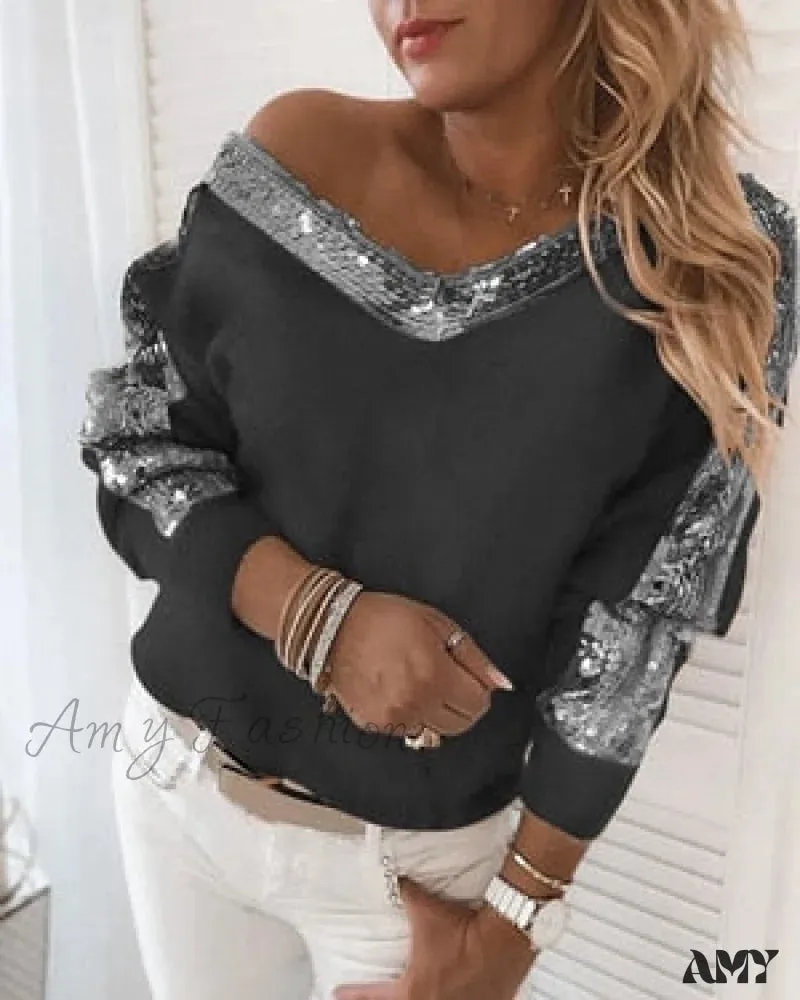 Amy Fashion - Long Sleeve V Neck Casual Club Party Knitted Sweater