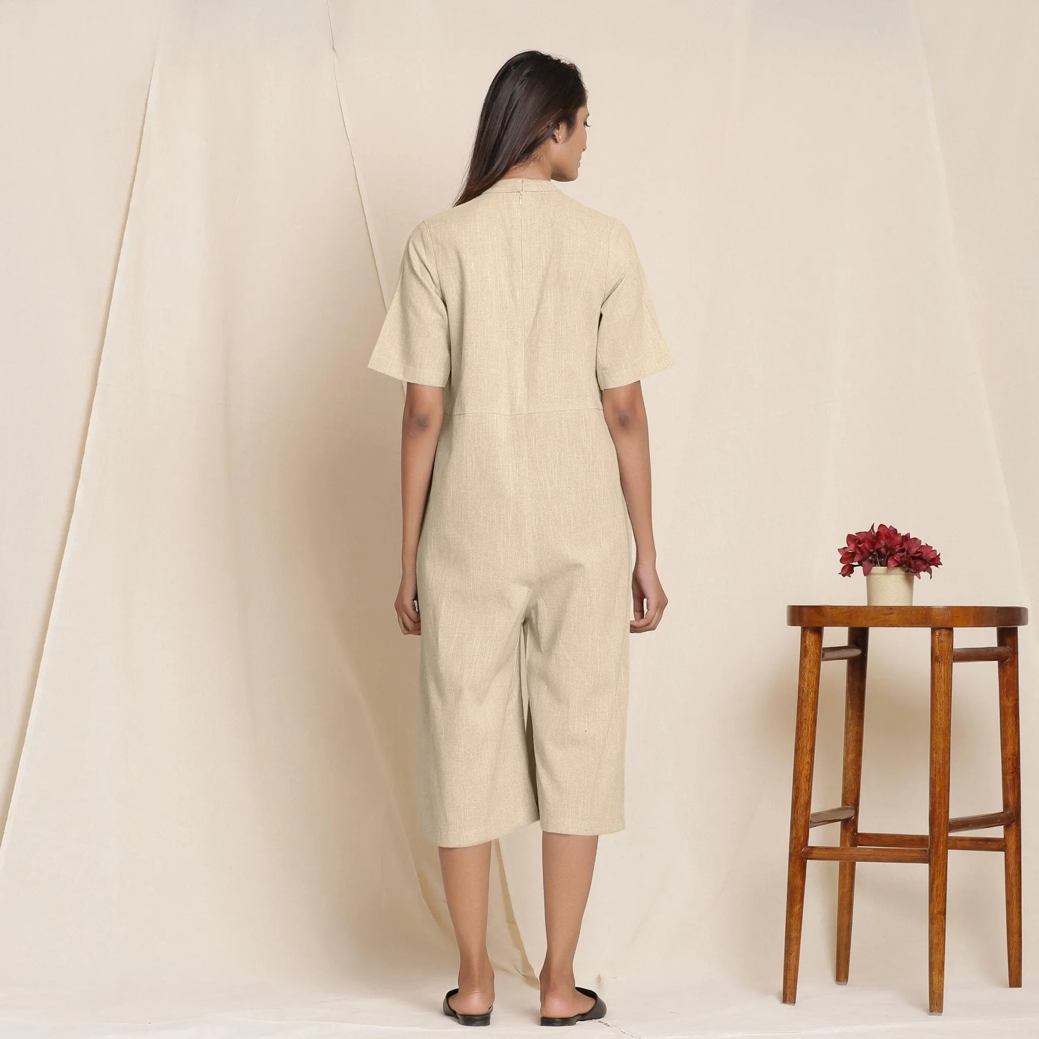 Beige Cotton High Neck Pleated Midi Jumpsuit