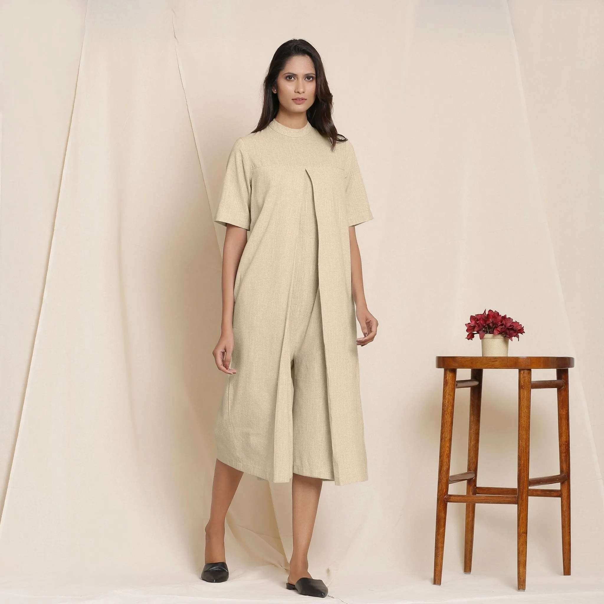 Beige Cotton High Neck Pleated Midi Jumpsuit