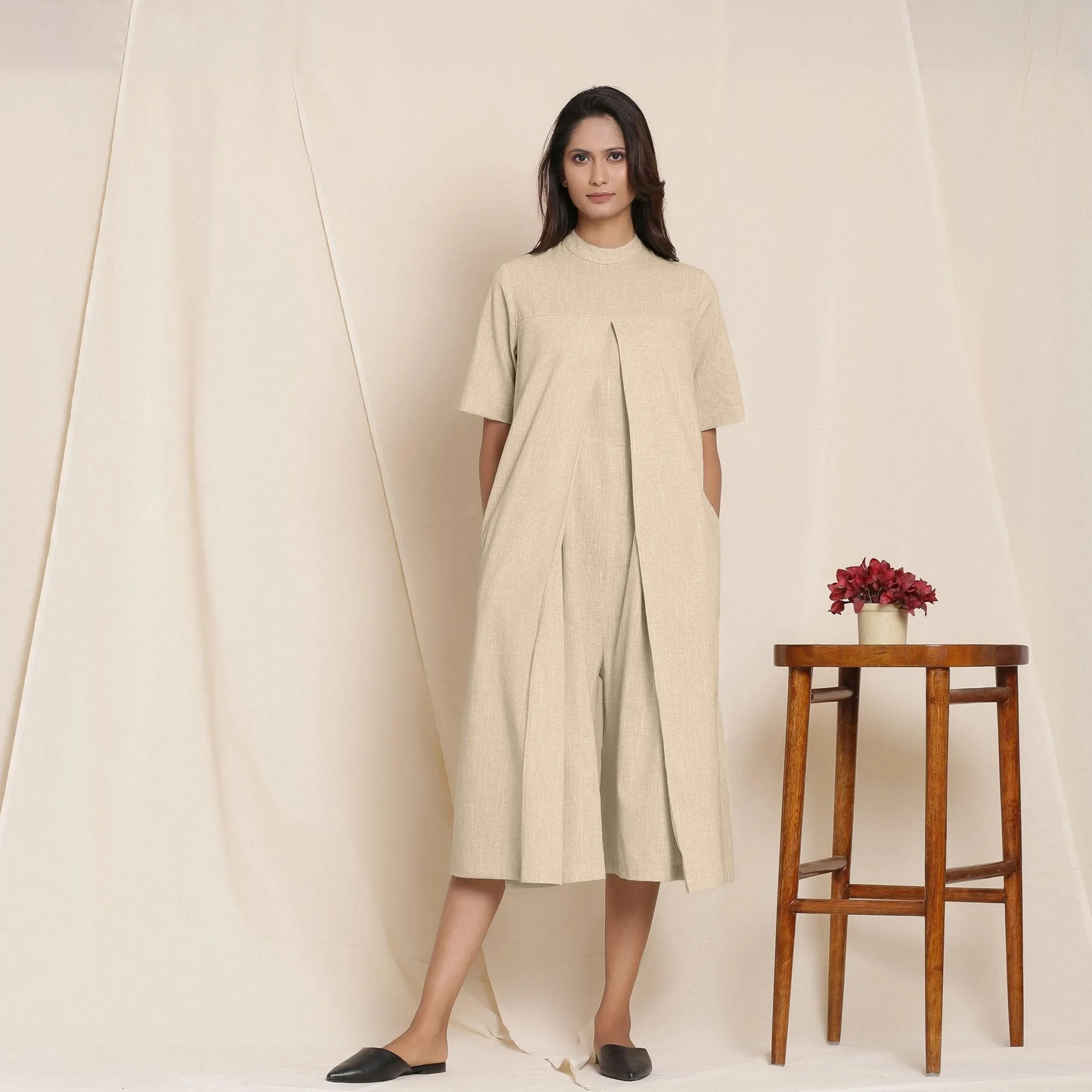 Beige Cotton High Neck Pleated Midi Jumpsuit