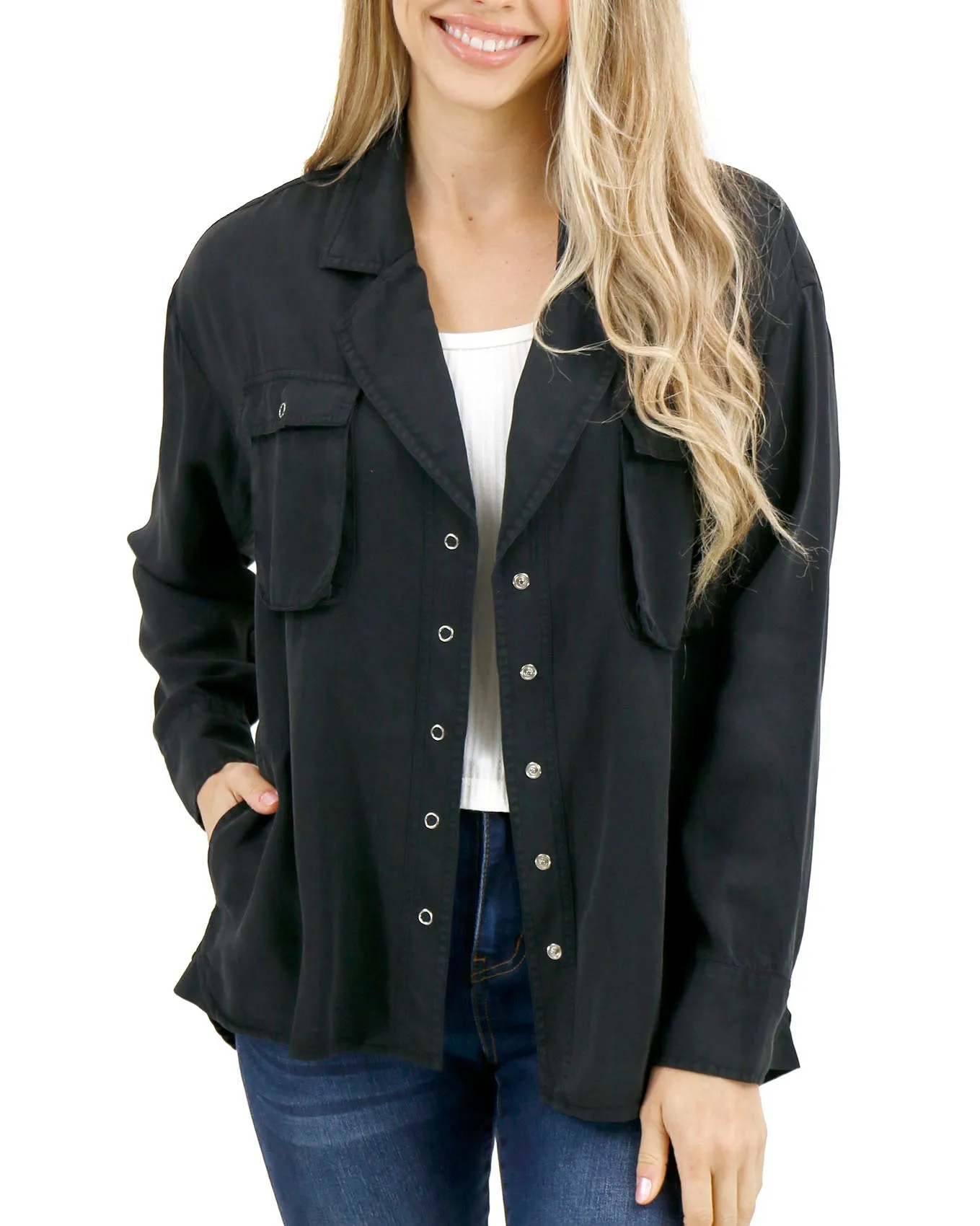 Black Tencel™ Lyocell Utility Shirt Jacket