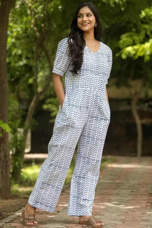 Blue Leaves Hand Block Printed  Jumpsuit