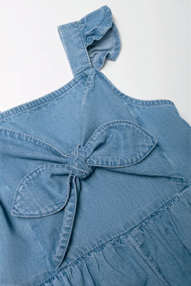 Bow Denim Short Jumpsuit Blue