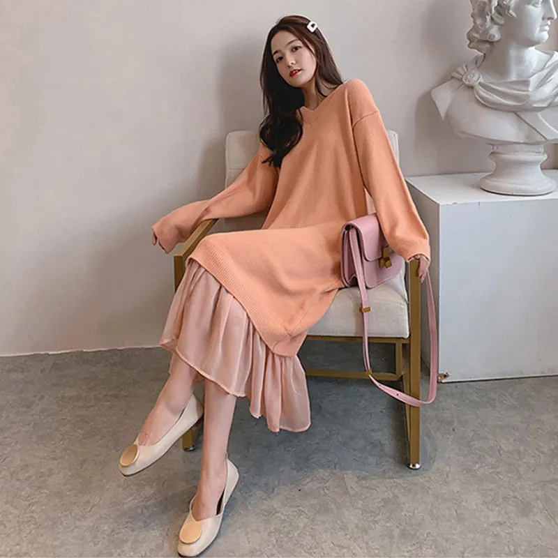 Christmas Gift Joskaa Casual V-neck Loose Women Sweater Dress Elegant Autumn Winter Dress Ruffles Patchwork Female Long Knitted Vestidos 2019