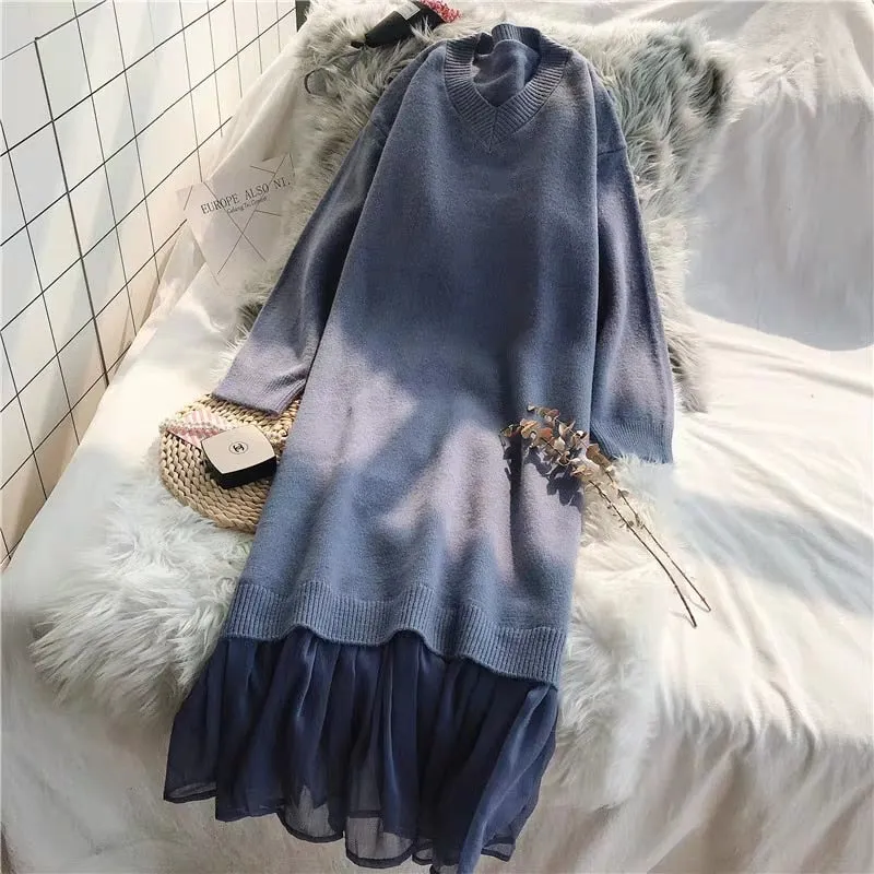 Christmas Gift Joskaa Casual V-neck Loose Women Sweater Dress Elegant Autumn Winter Dress Ruffles Patchwork Female Long Knitted Vestidos 2019