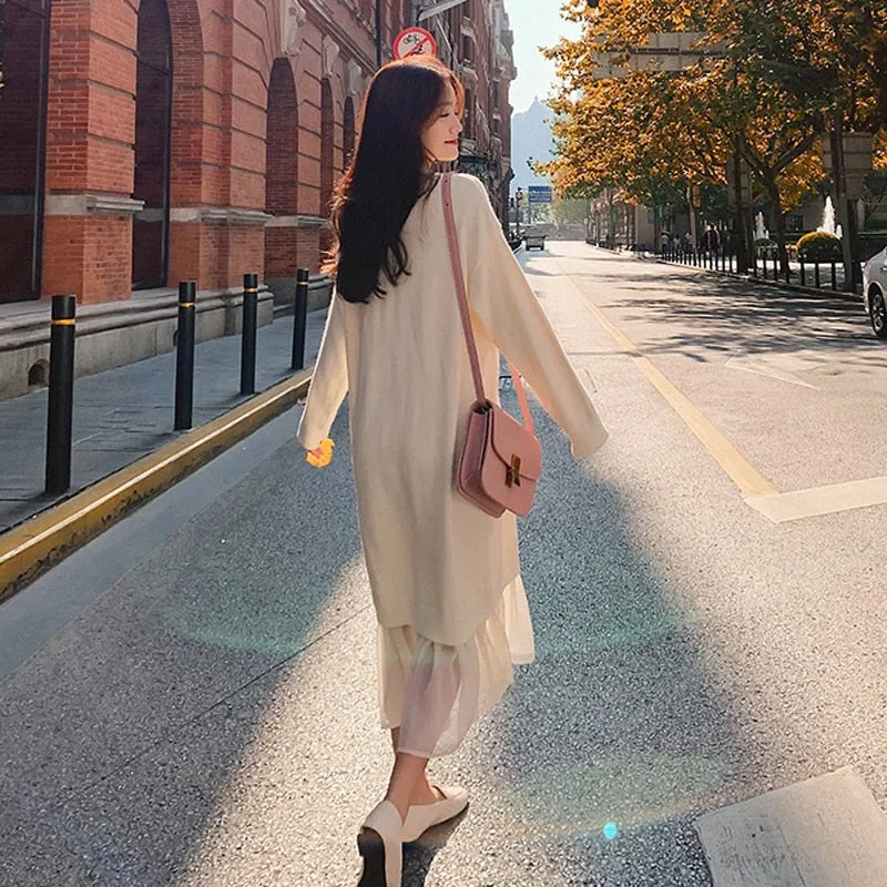 Christmas Gift Joskaa Casual V-neck Loose Women Sweater Dress Elegant Autumn Winter Dress Ruffles Patchwork Female Long Knitted Vestidos 2019