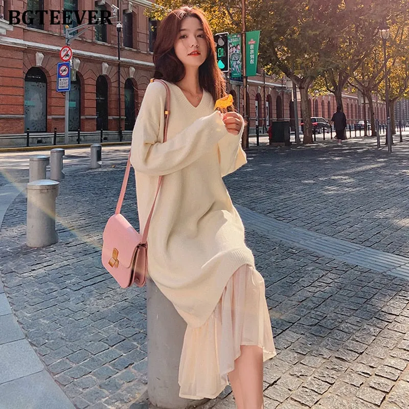 Christmas Gift Joskaa Casual V-neck Loose Women Sweater Dress Elegant Autumn Winter Dress Ruffles Patchwork Female Long Knitted Vestidos 2019