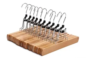 Fmissyao [10 Pack Wooden Collection Slack Hanger, Wood Skirt Hangers, with Felt Lining, Non-Slip, Full-Width Gripping Grooves, Stainless Steel 360° Rotating Hook