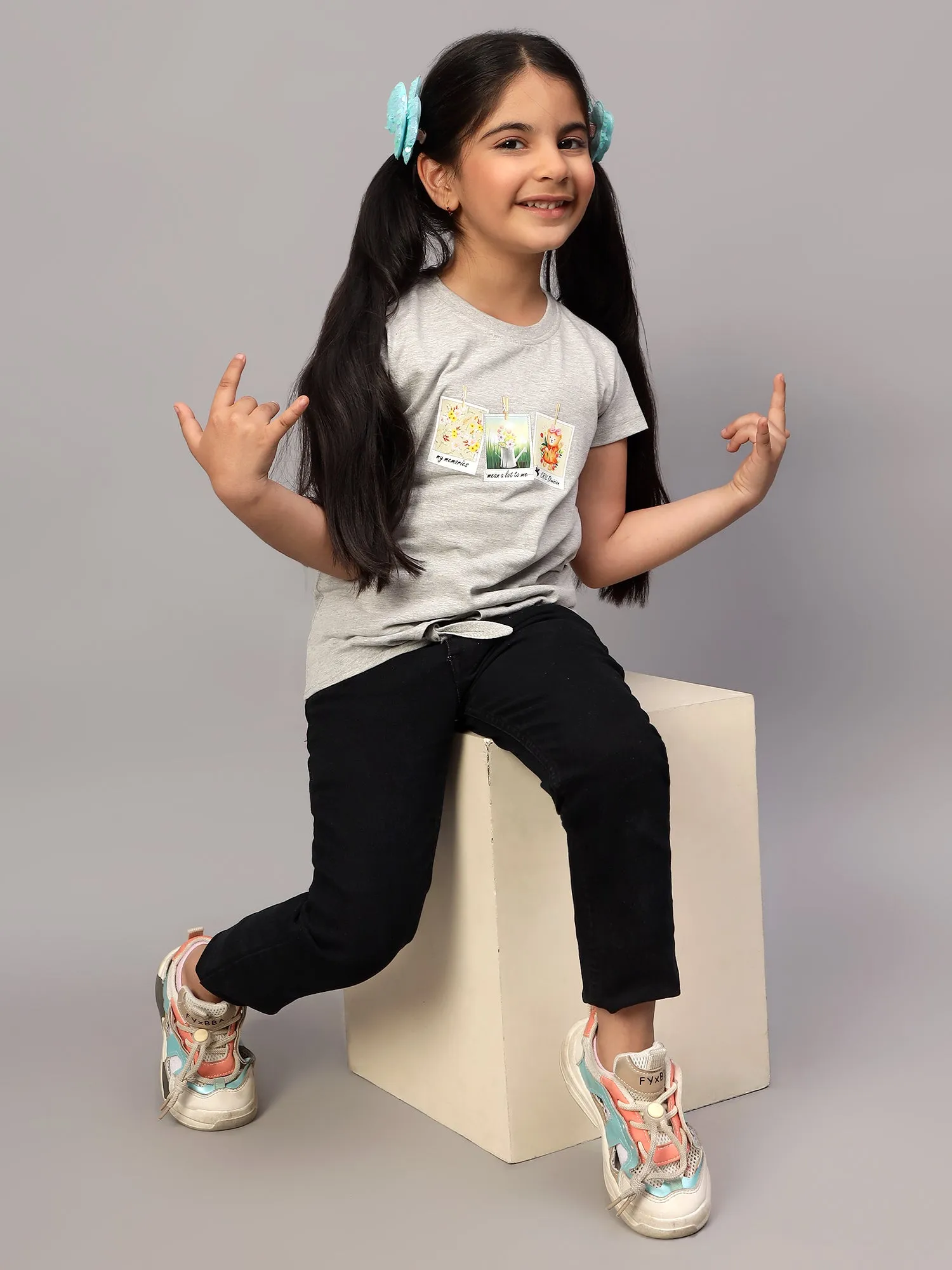 Girls Casual Grey Melange Half Sleeves  T-Shirt