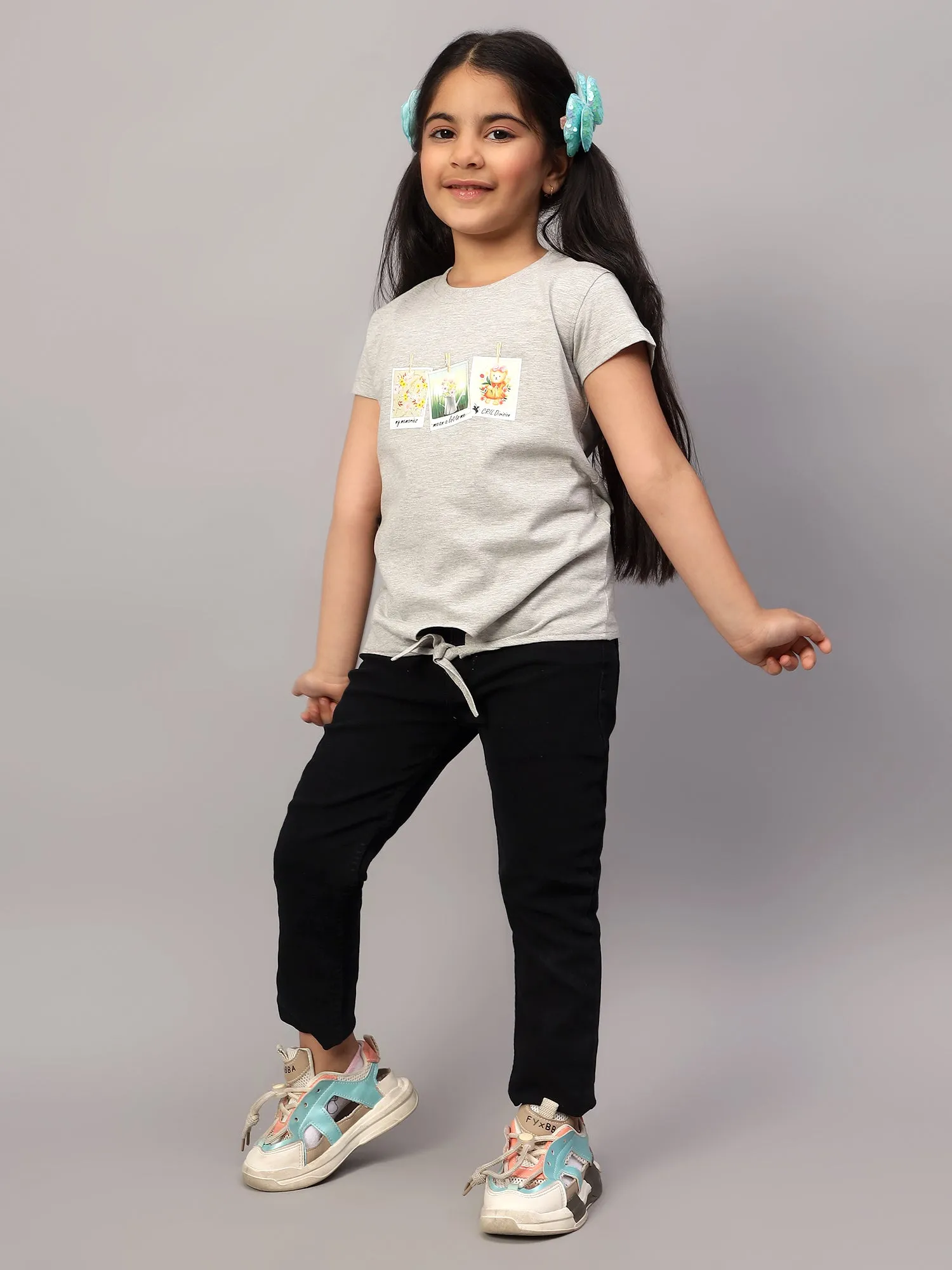 Girls Casual Grey Melange Half Sleeves  T-Shirt