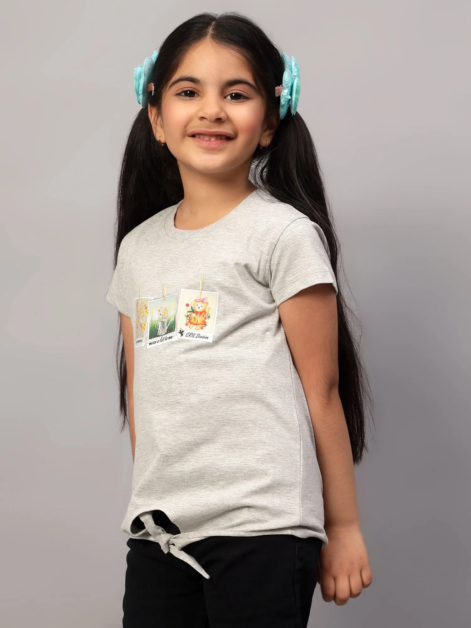 Girls Casual Grey Melange Half Sleeves  T-Shirt