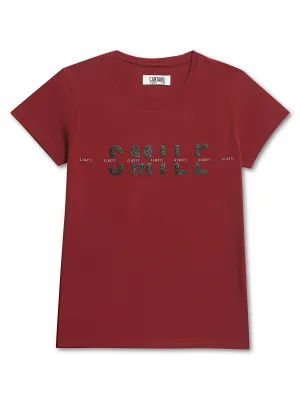 Girls Casual Maroon Half Sleeves  T-Shirt