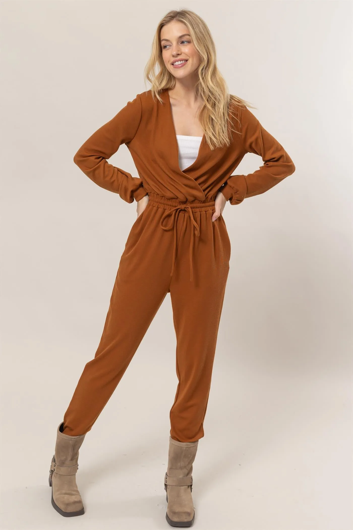 HF25A733-Knit Drawstring Jumpsuit