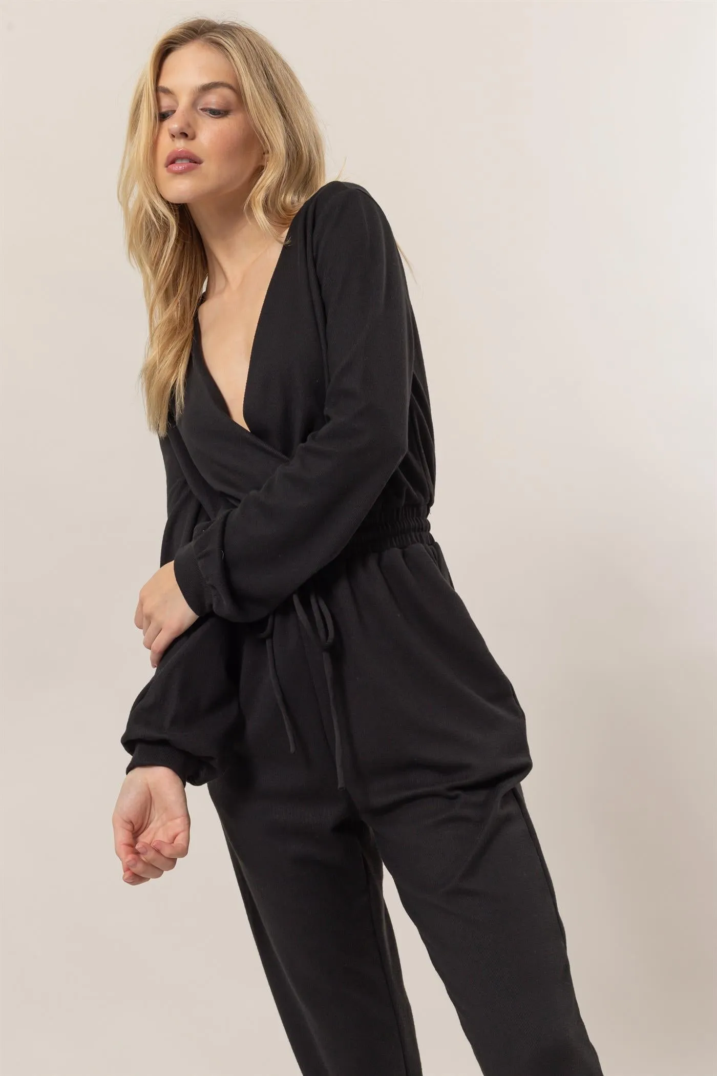 HF25A733-Knit Drawstring Jumpsuit