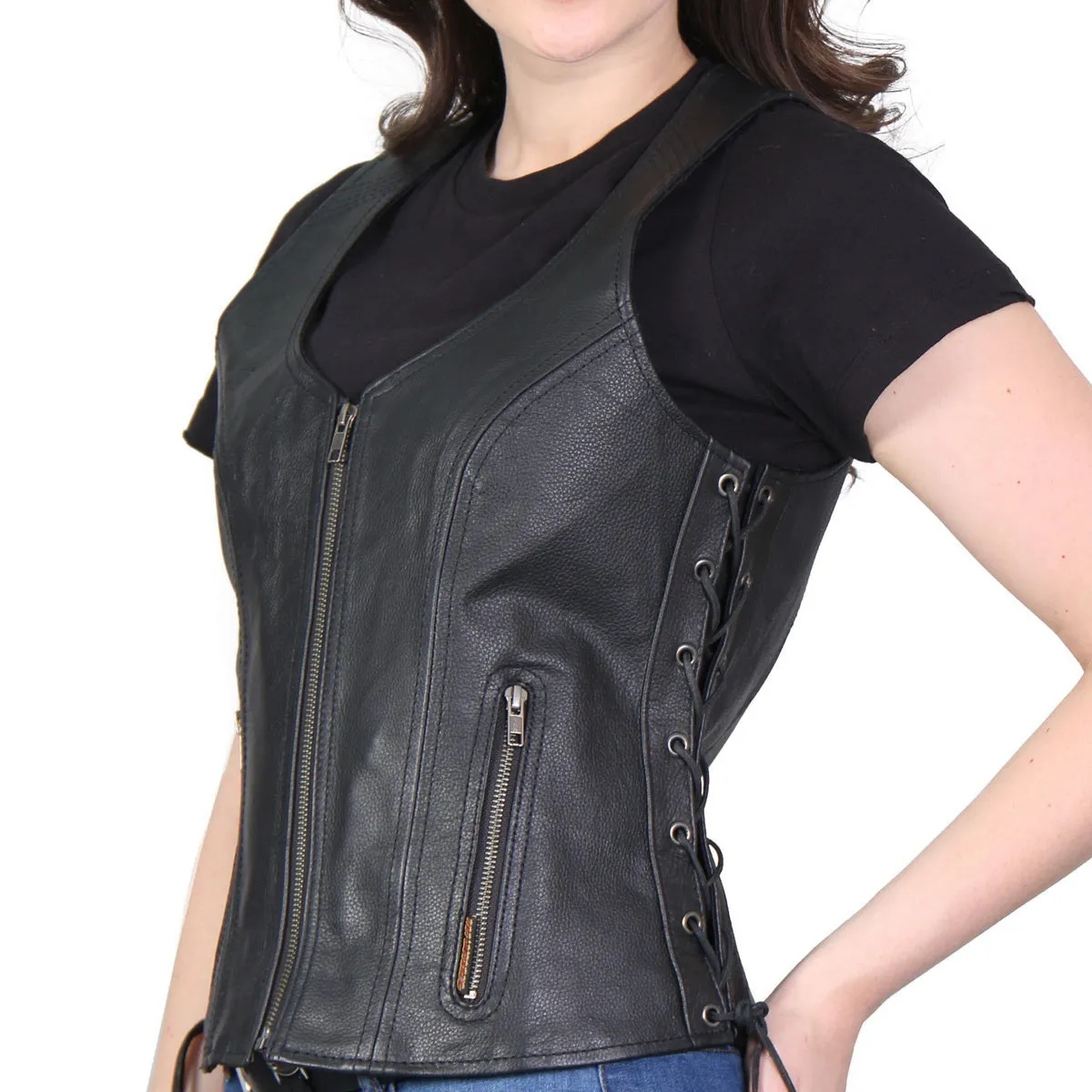 Hot Leathers VSL1013 Ladies Black Leather Side Lace Zip-Up Vest