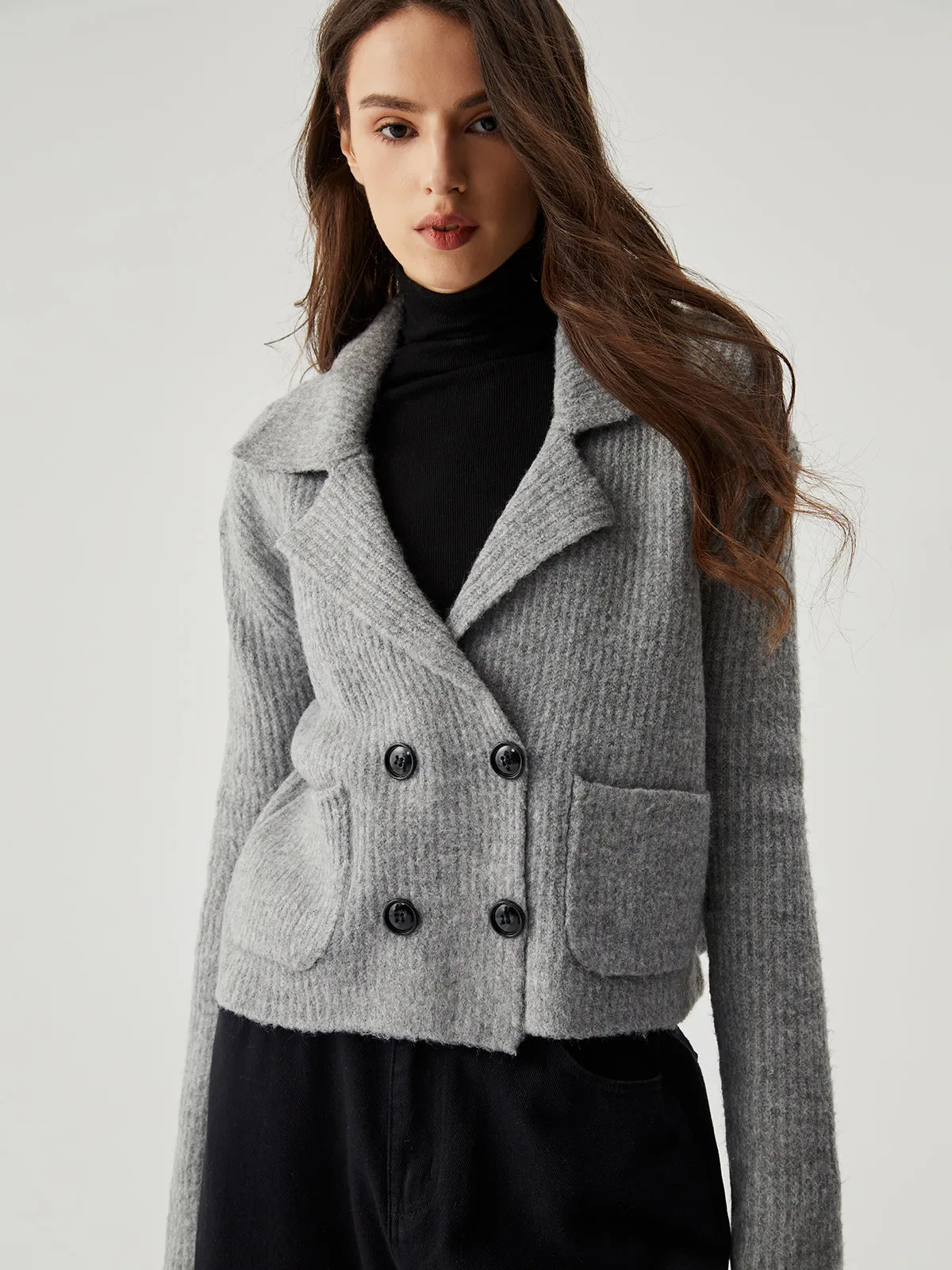 Knit Double-Breasted Graceful Collar Pocket Cardigan