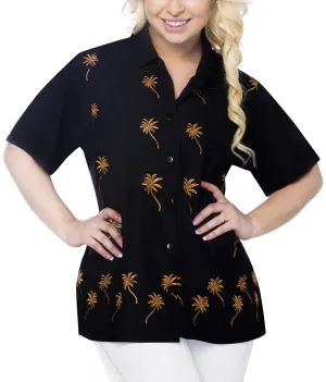 LA LEELA WoMen Hawaiian Beach Button Down Short Sleeve Camp Casual Blouse Palm Tree Black _X467