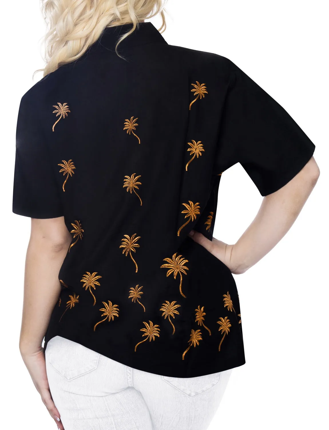 LA LEELA WoMen Hawaiian Beach Button Down Short Sleeve Camp Casual Blouse Palm Tree Black _X467