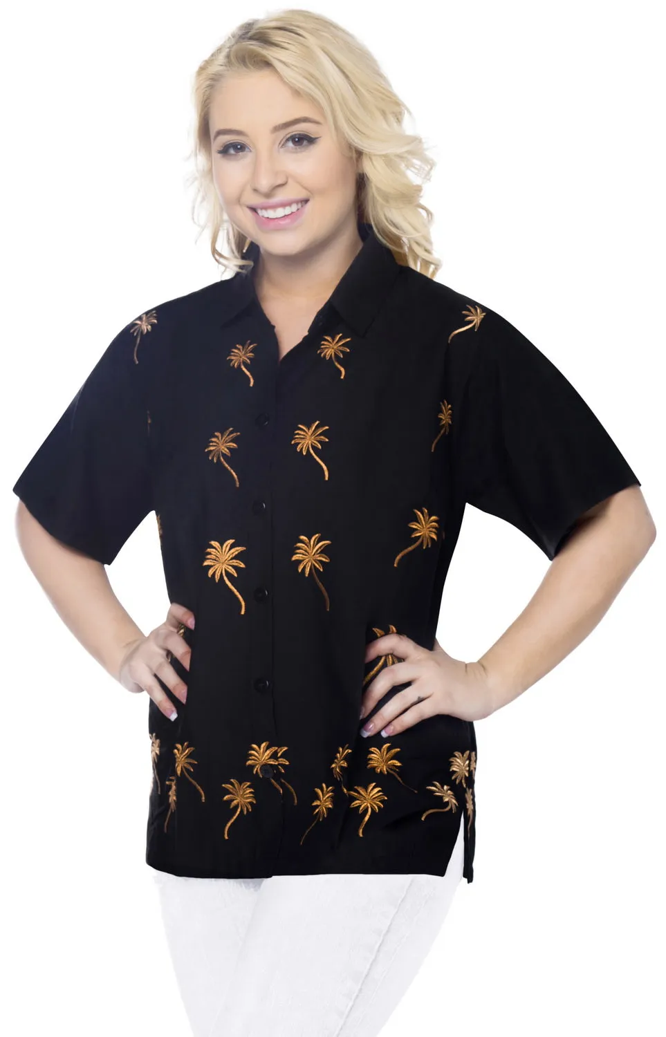 LA LEELA WoMen Hawaiian Beach Button Down Short Sleeve Camp Casual Blouse Palm Tree Black _X467