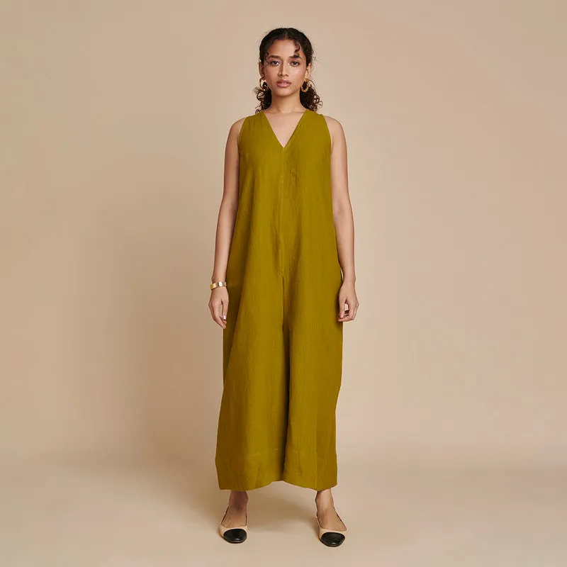 Linen Flared Jumpsuit | Sleeveless | Mehndi Green