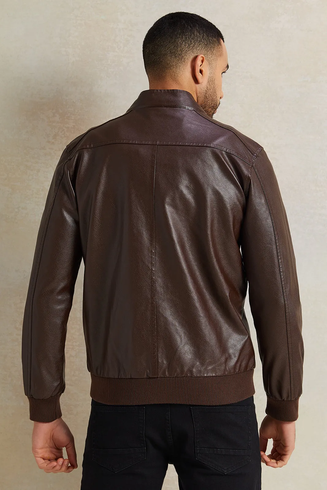 Men Brown Fux Leather Biker Jacket