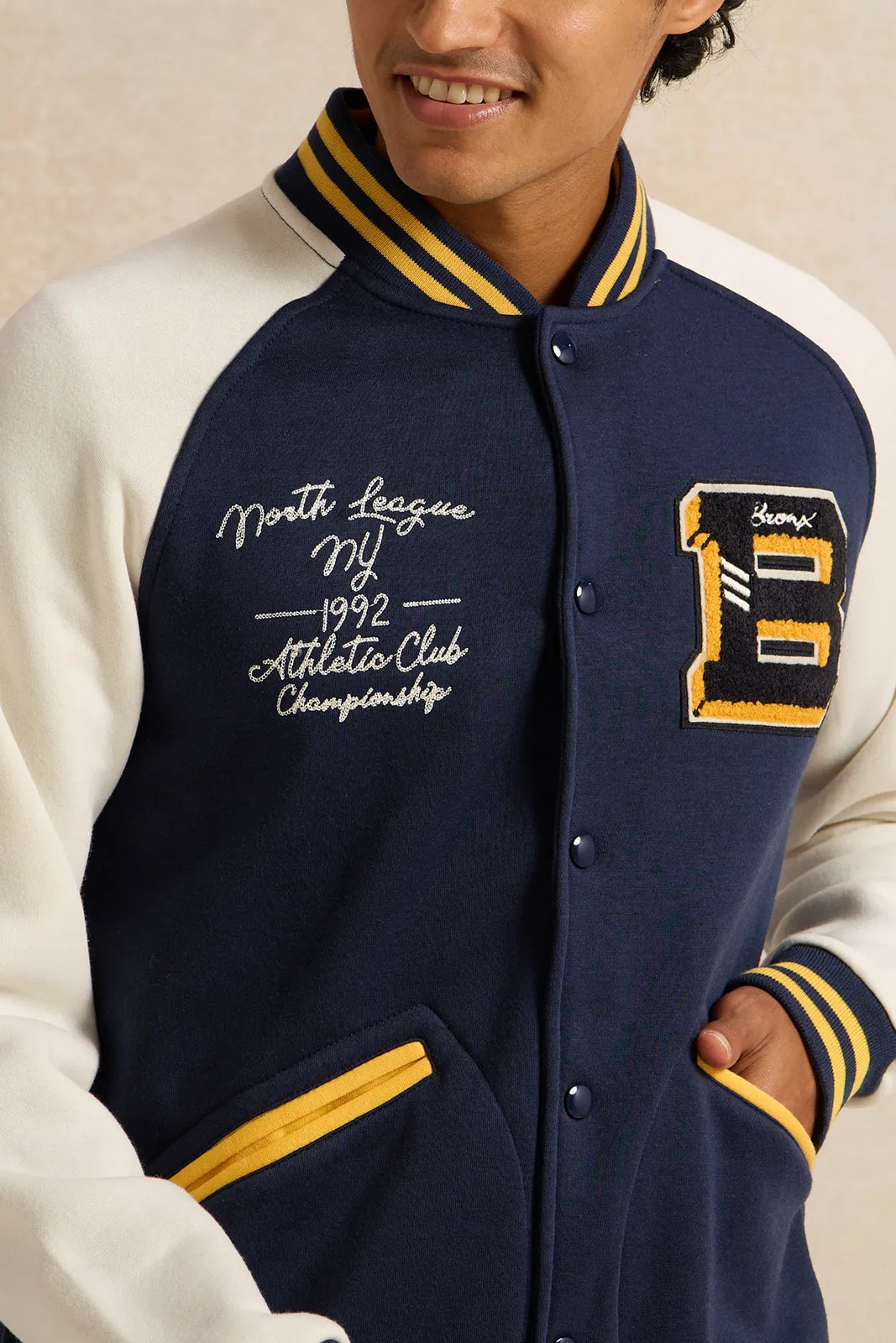 Men Navy Embellished Baseball Jacket