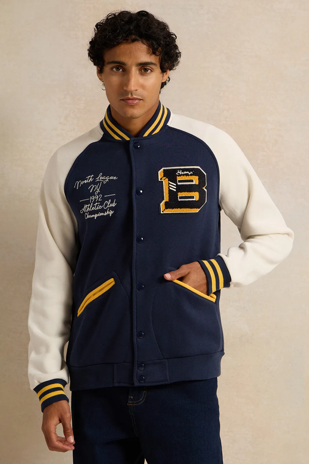 Men Navy Embellished Baseball Jacket