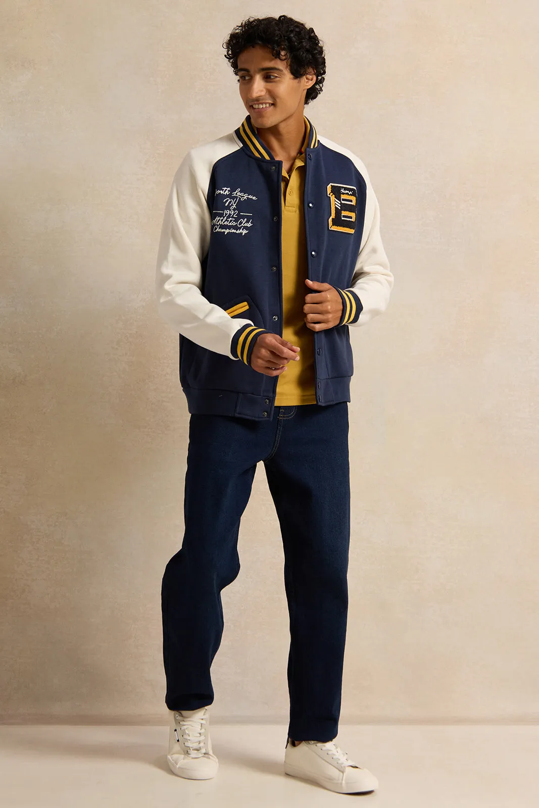 Men Navy Embellished Baseball Jacket