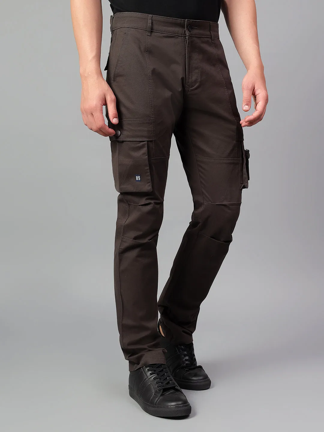 Men's Charcoal Brown Solid Full Length Cargo