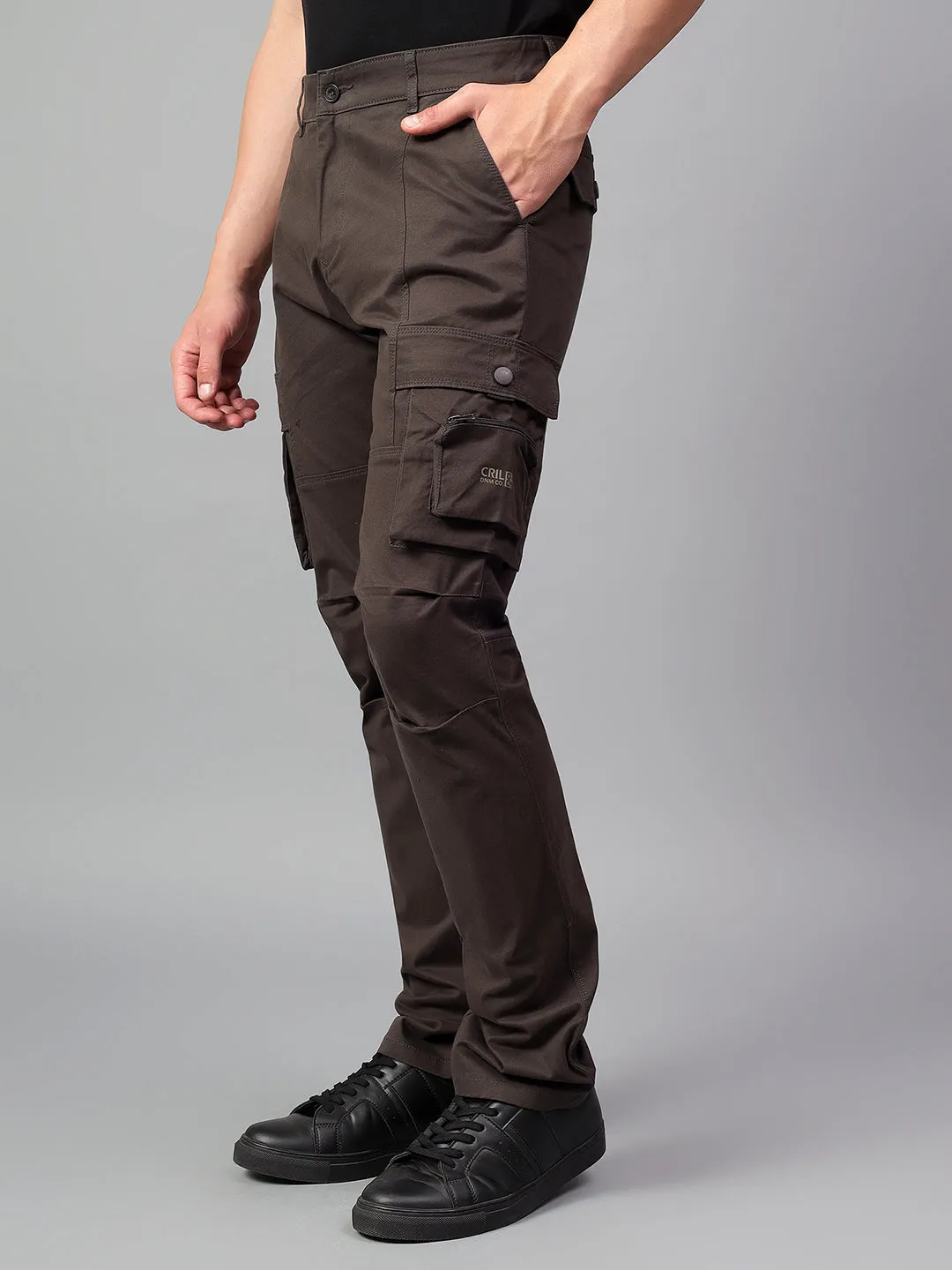 Men's Charcoal Brown Solid Full Length Cargo