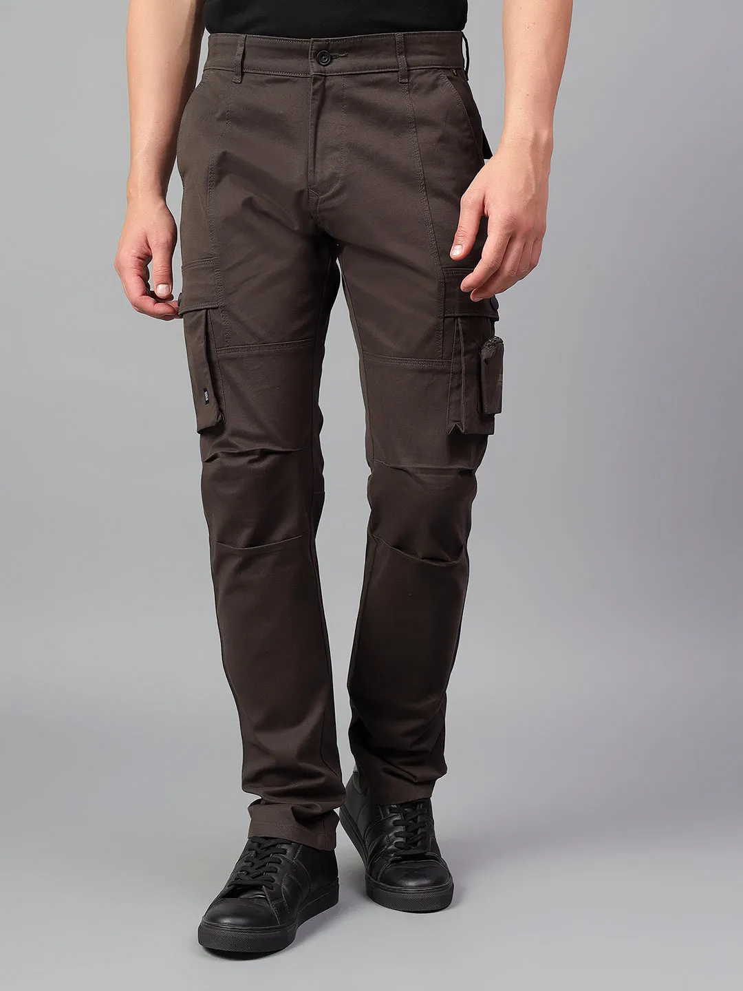 Men's Charcoal Brown Solid Full Length Cargo