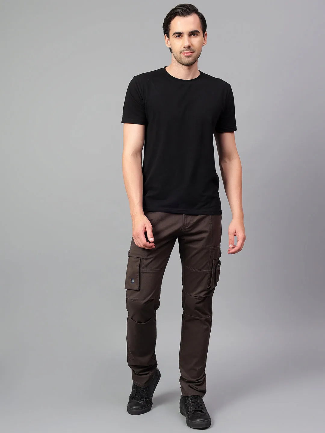 Men's Charcoal Brown Solid Full Length Cargo