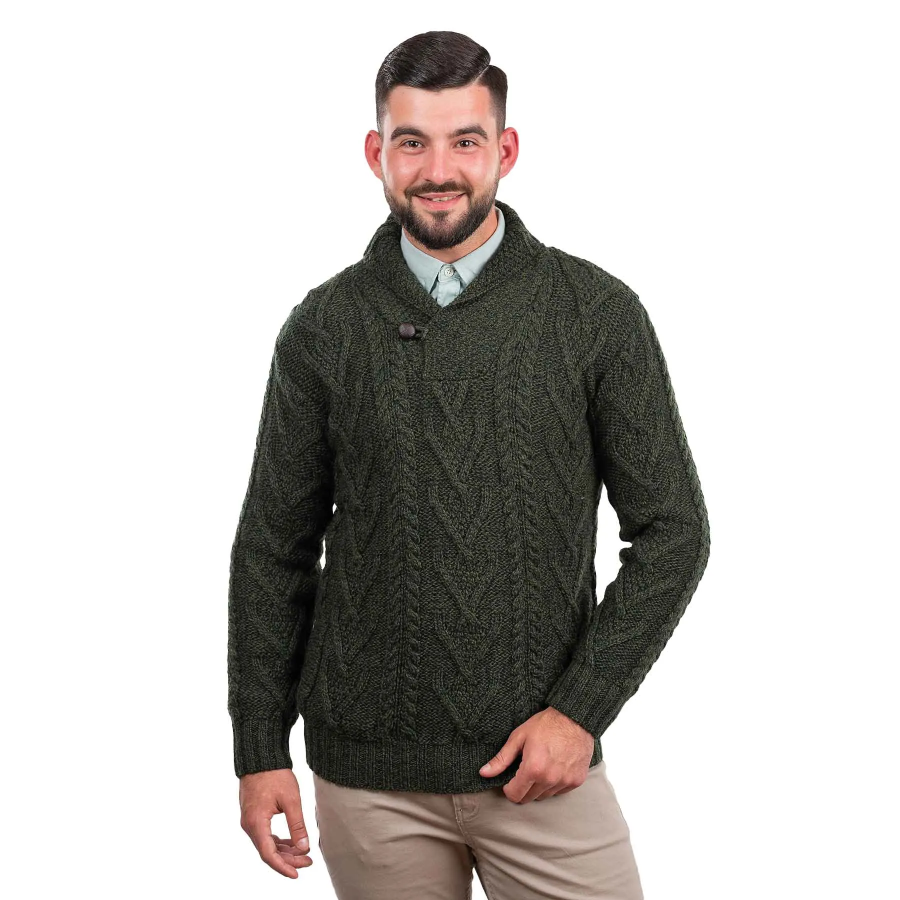 Men's Shawl Collar Single Button Sweater, Army Green