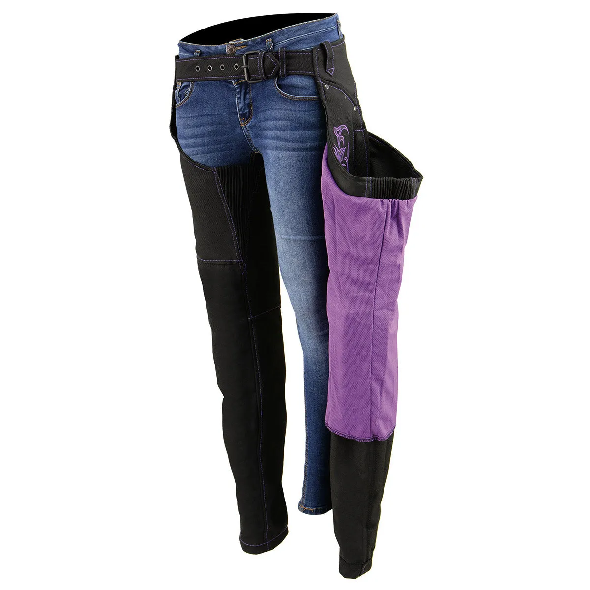 Milwaukee Leather SH1182 Women's Black with Purple Textile Motorcycle Riding Chaps with Tribal Embroidery