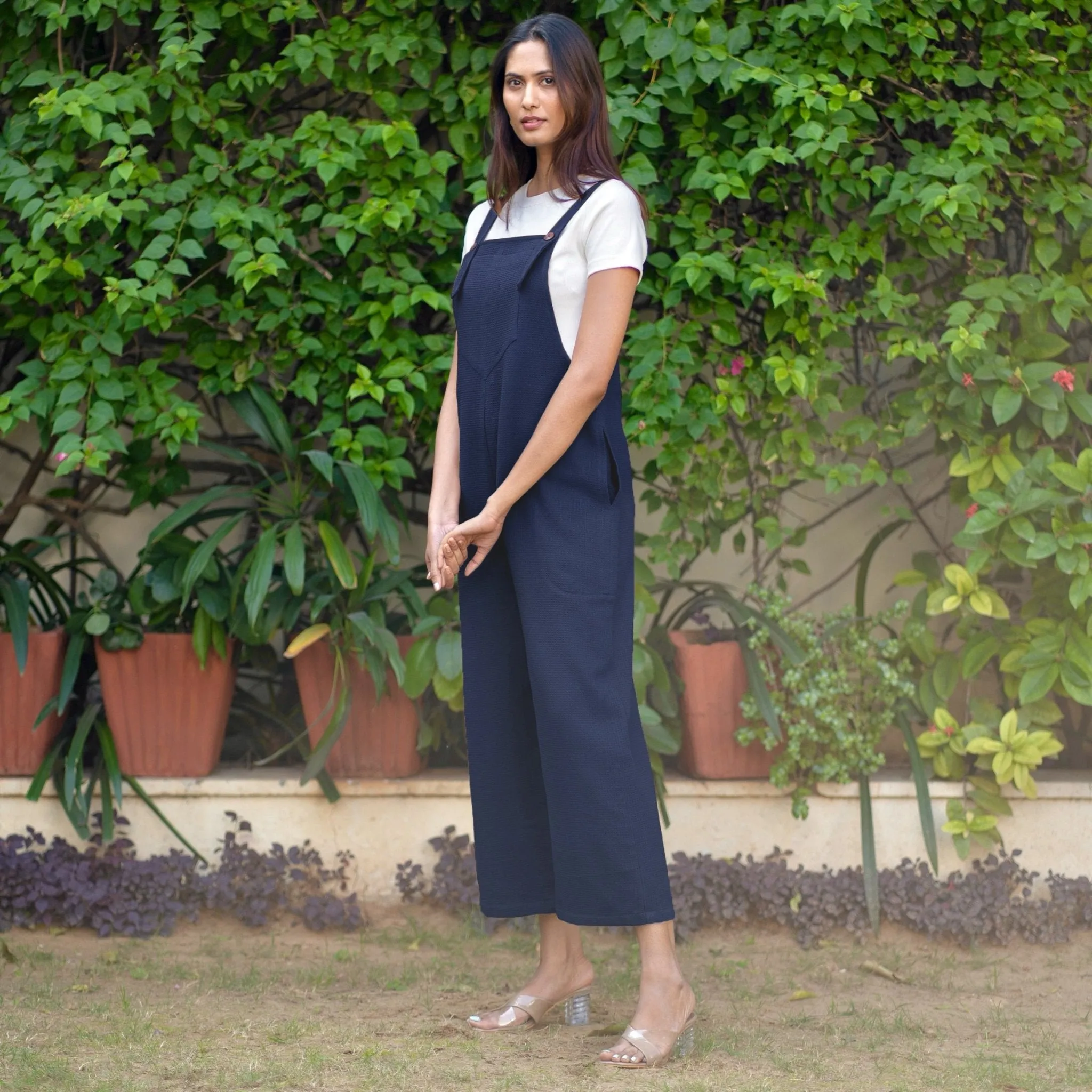 Navy Blue Warm Cotton Waffle Midi Dungaree Jumpsuit