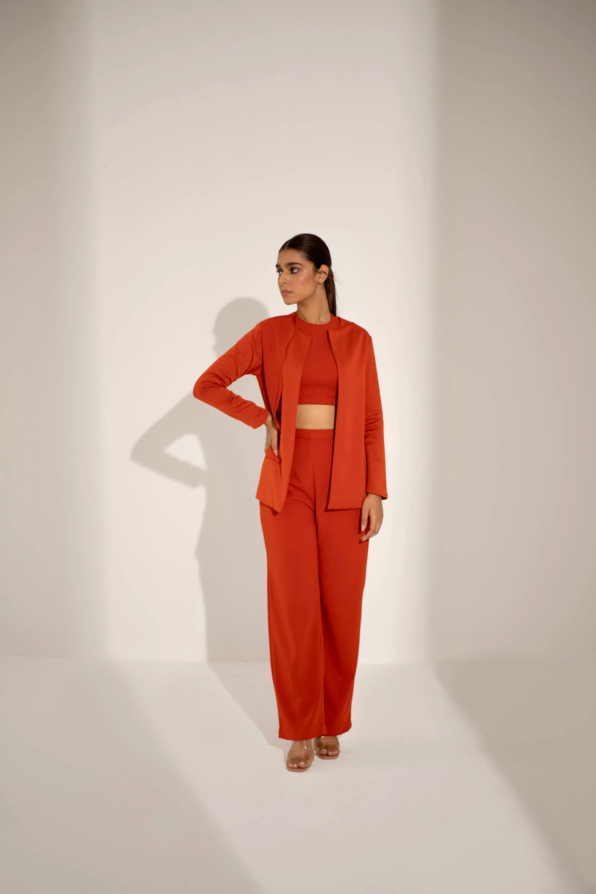 Orange Co-ord Set with an asymmetric flap jacket for Ladies