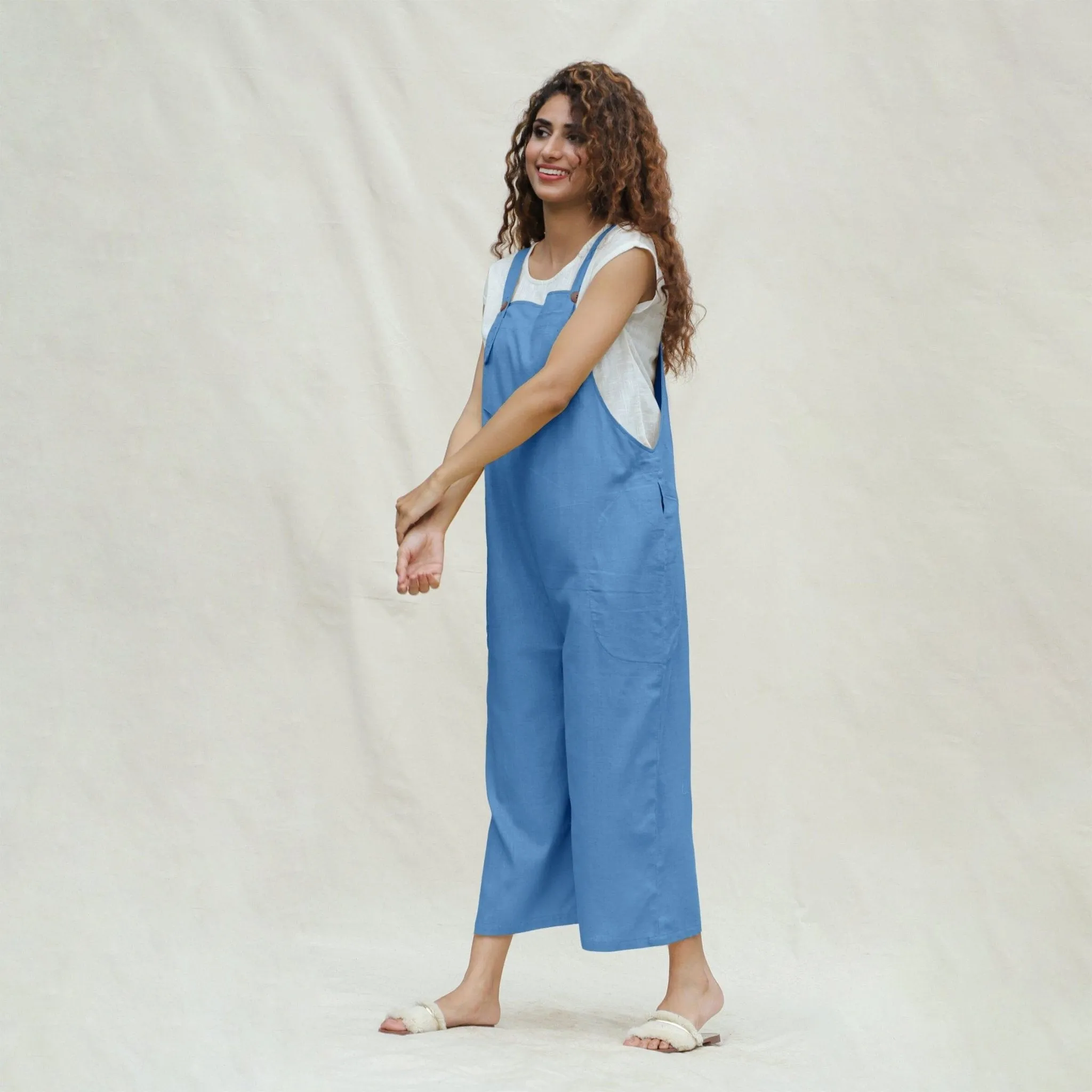 Powder Blue Handspun Cotton Midi Dungaree Jumpsuit