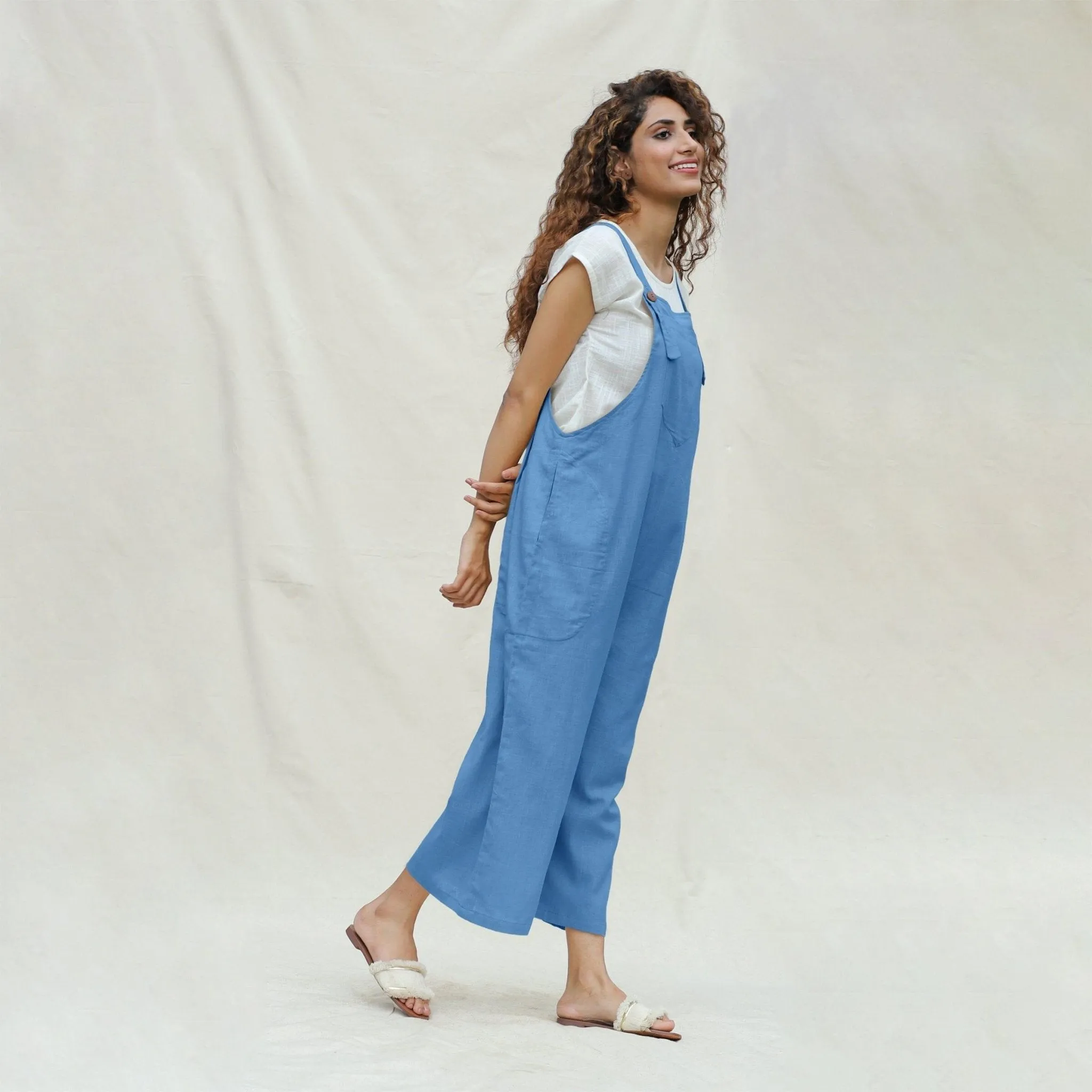 Powder Blue Handspun Cotton Midi Dungaree Jumpsuit