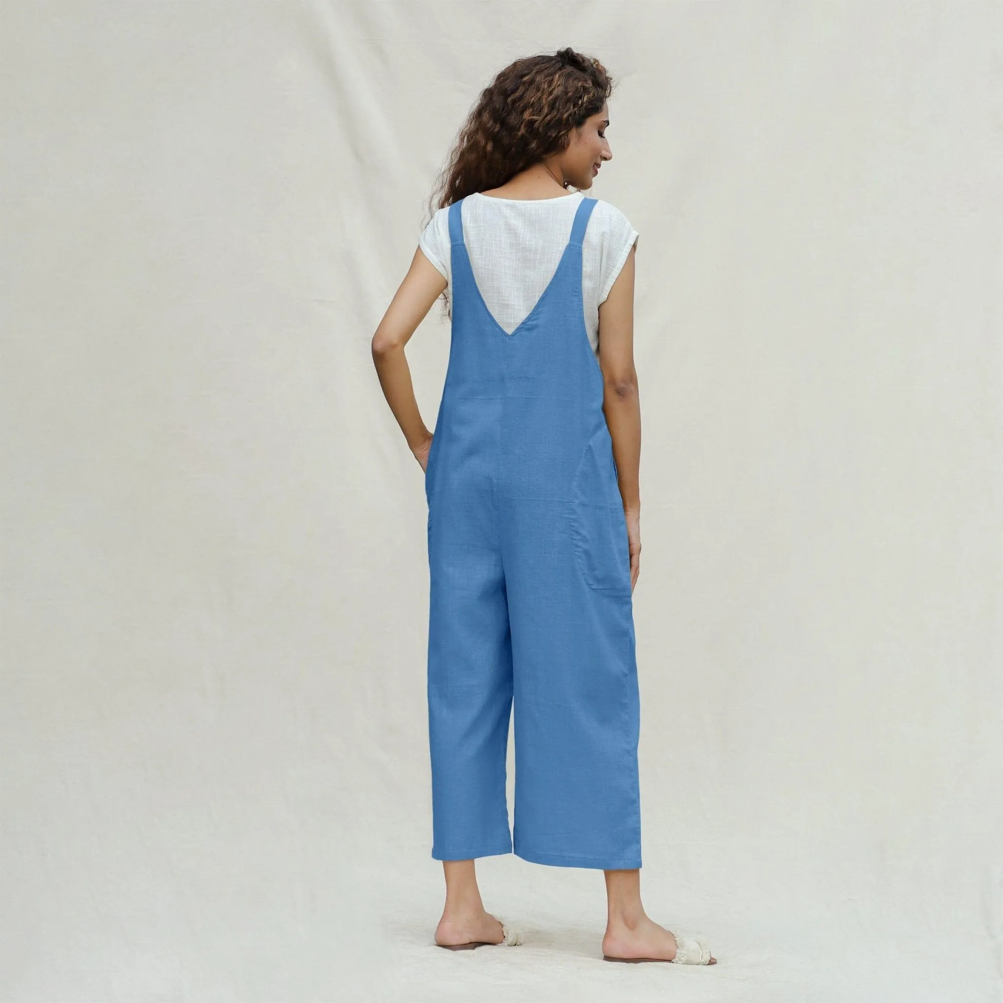 Powder Blue Handspun Cotton Midi Dungaree Jumpsuit