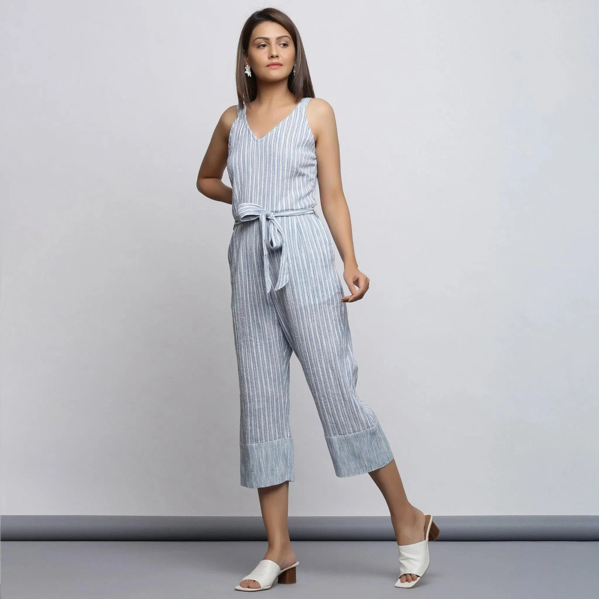 Sky Blue Striped Crinkled Cotton Strap Sleeve Jumpsuit