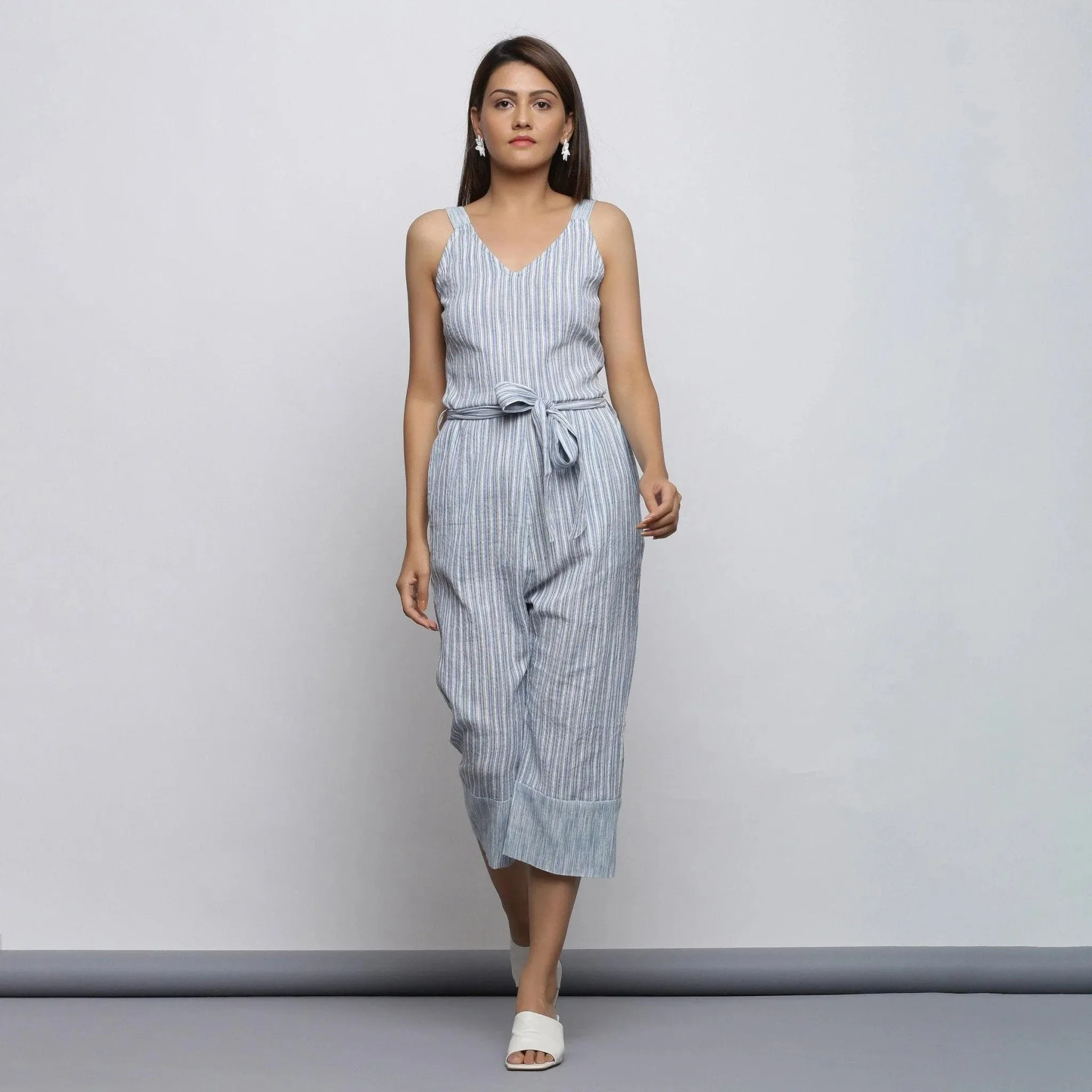 Sky Blue Striped Crinkled Cotton Strap Sleeve Jumpsuit