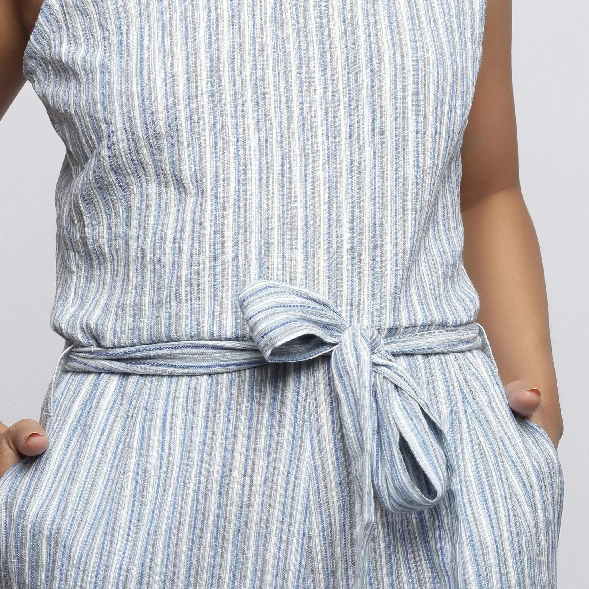 Sky Blue Striped Crinkled Cotton Strap Sleeve Jumpsuit