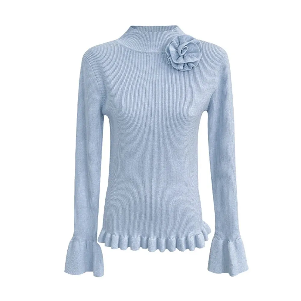 Slimming Knitting Sweaters For Women Mock Neck Flare Sleeve Patchwork Appliques Elegant Pullover Sweater Female