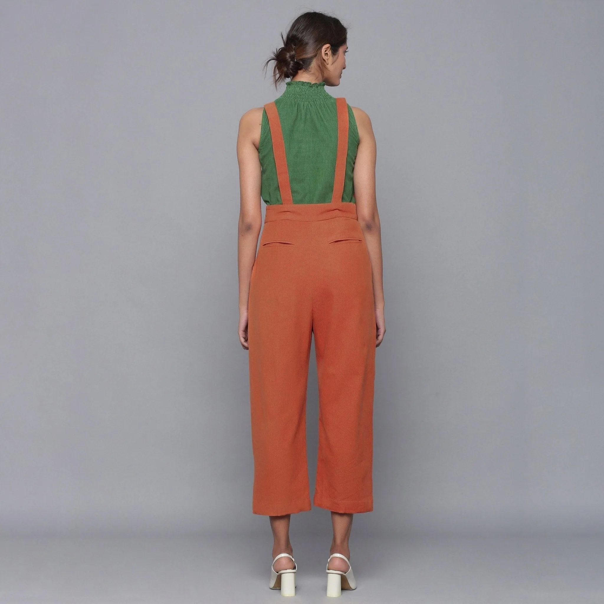 Sunset Rust Warm Cotton Corduroy Midi Dungaree Jumpsuit