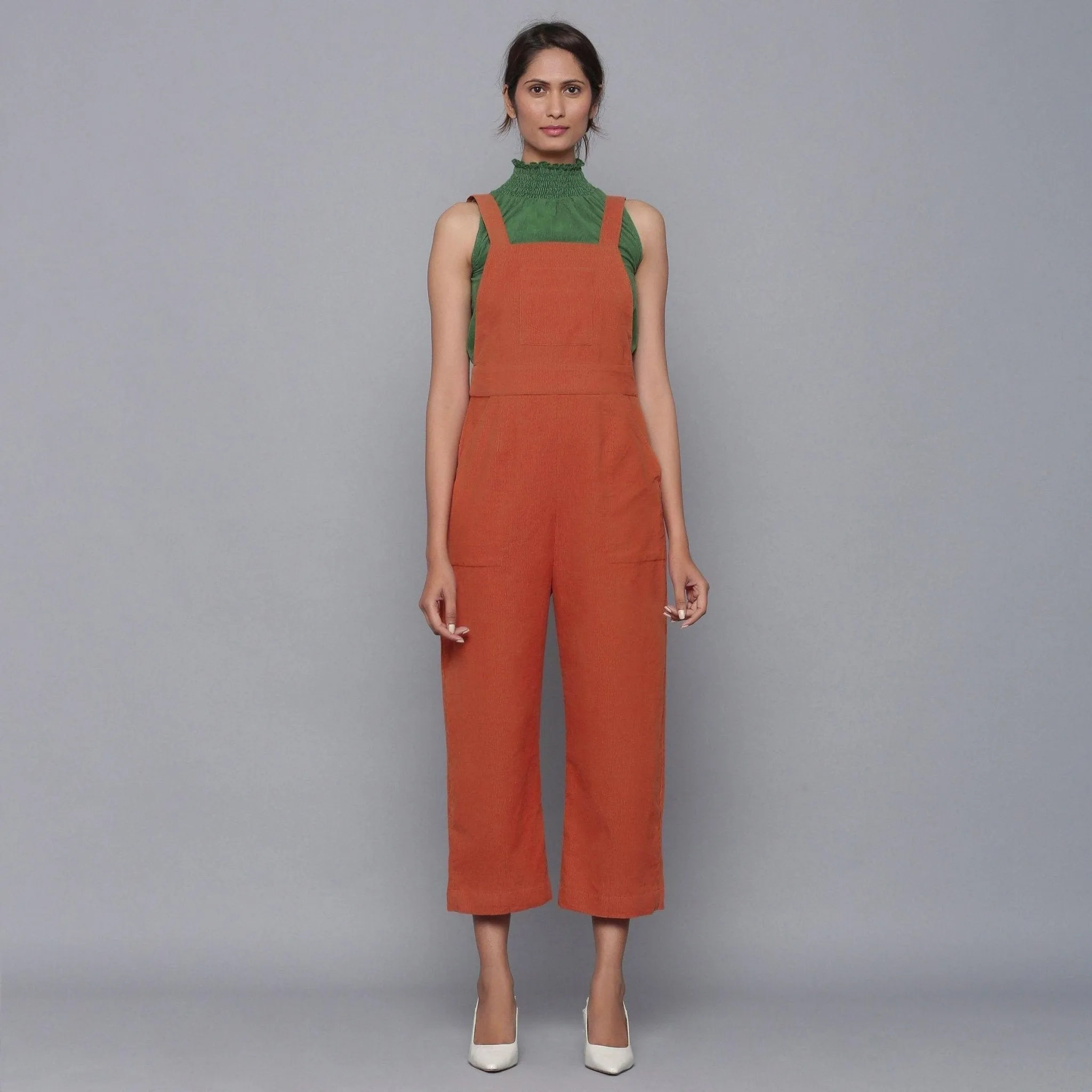 Sunset Rust Warm Cotton Corduroy Midi Dungaree Jumpsuit