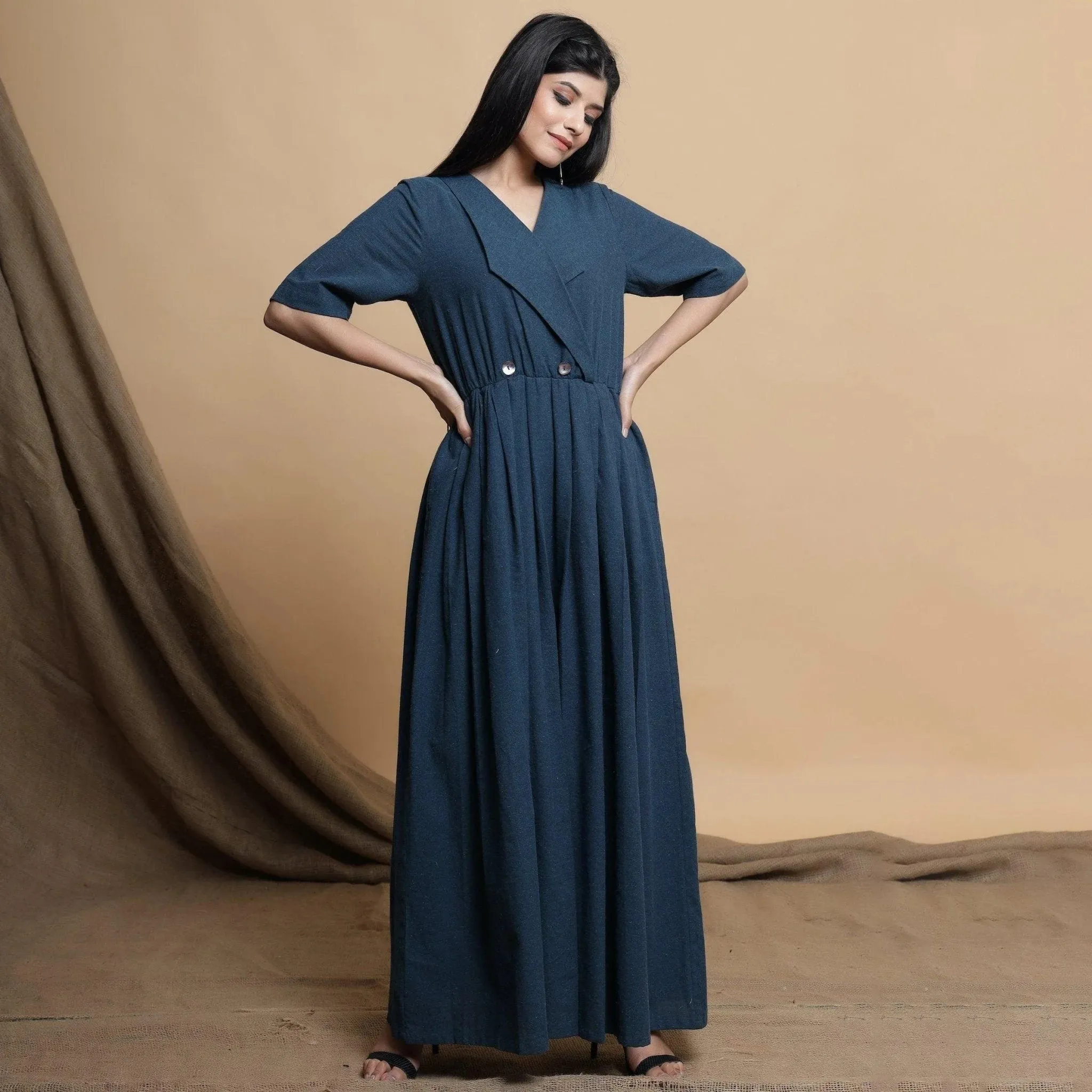 Teal Blue Lapel Collar Pleated Cotton Jumpsuit