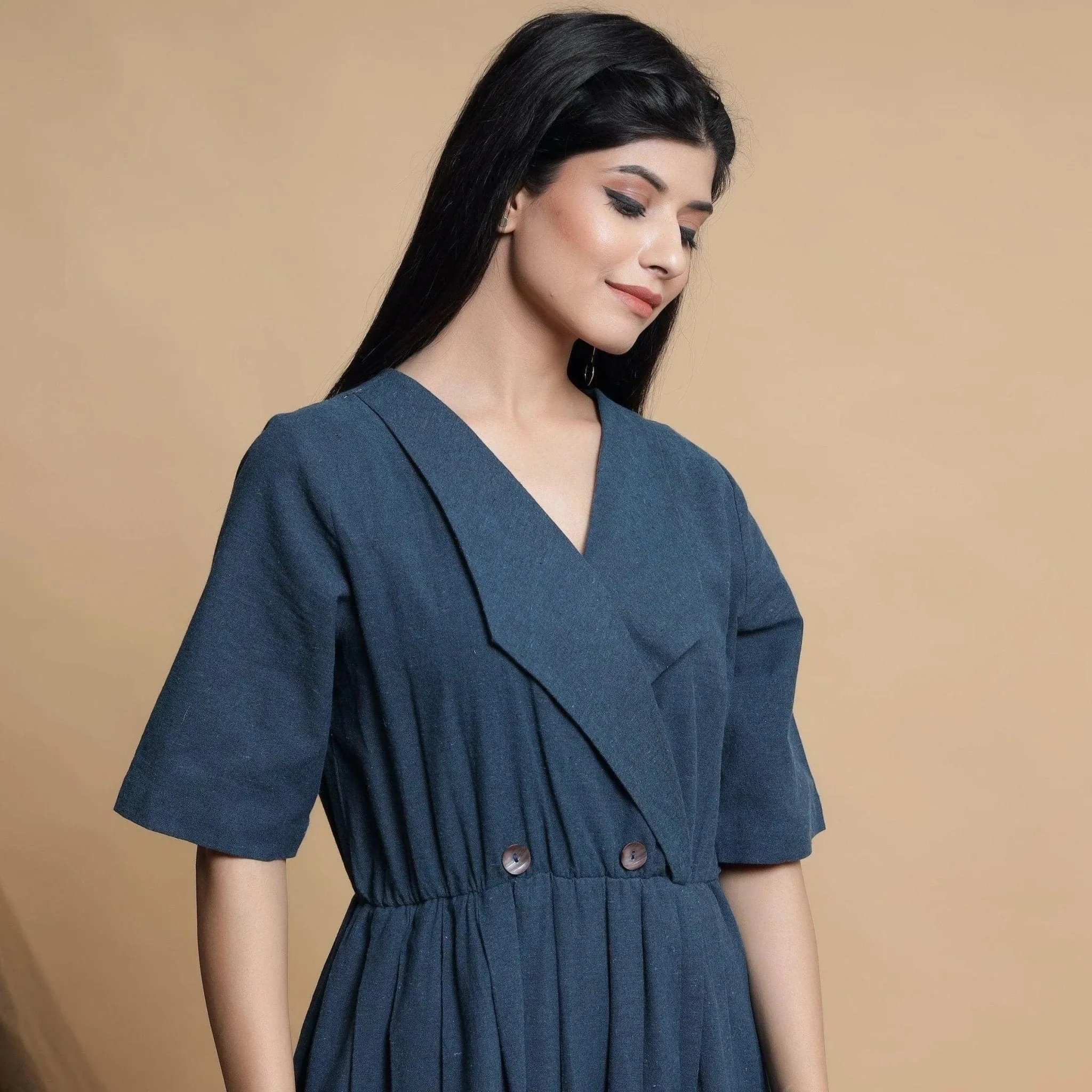 Teal Blue Lapel Collar Pleated Cotton Jumpsuit