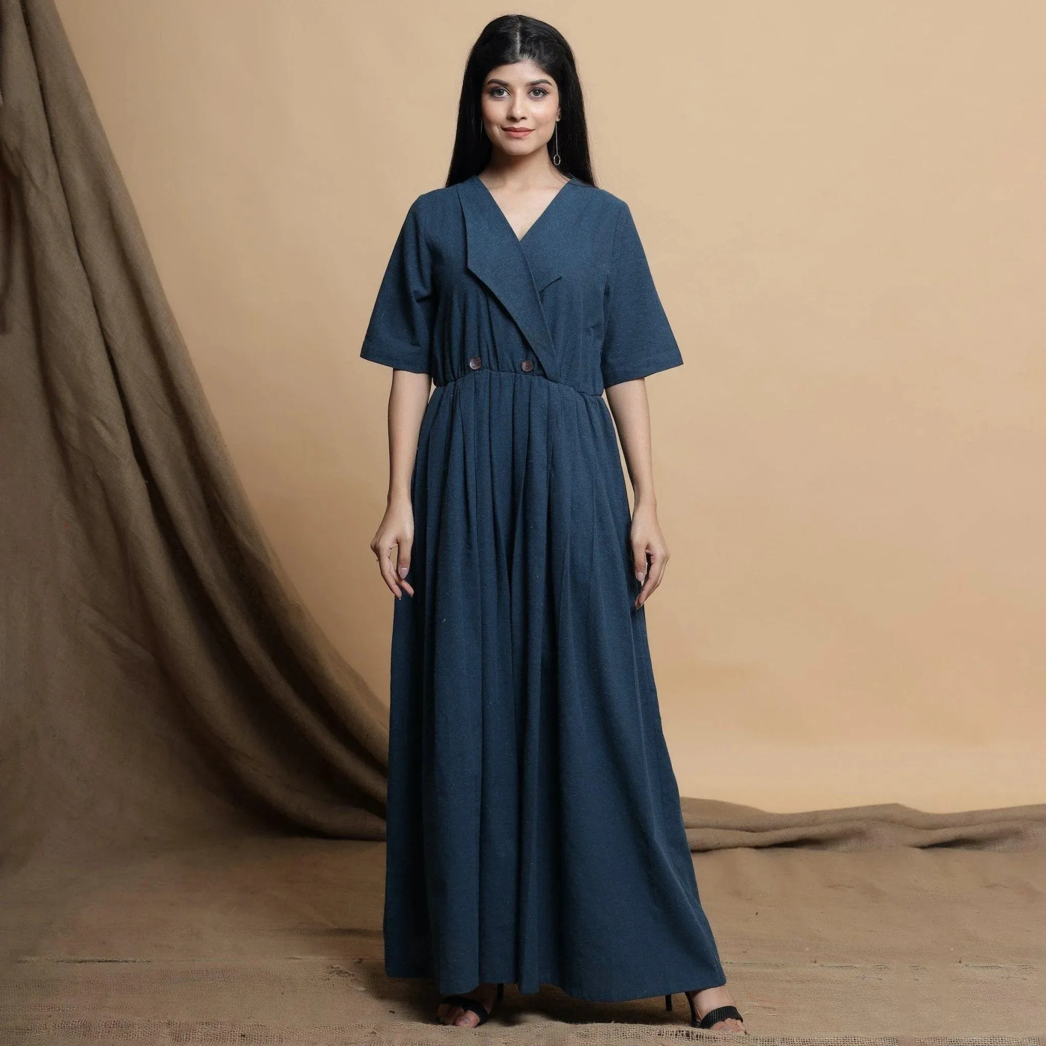 Teal Blue Lapel Collar Pleated Cotton Jumpsuit